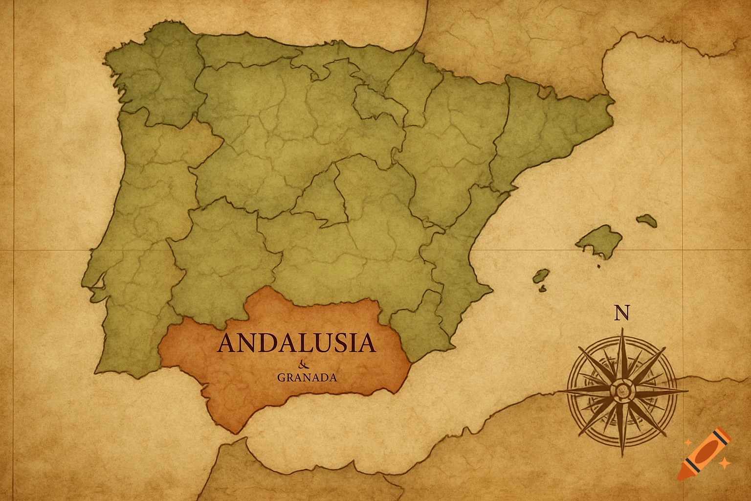 A vintage-style map of Spain, highlighting the Andalusia and Granada regions in orange, with a compass rose.