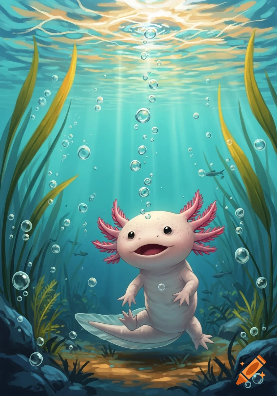 A cute, smiling axolotl with pink frilly gills swims joyfully underwater amidst green plants and rising bubbles, with bright light from the surface.