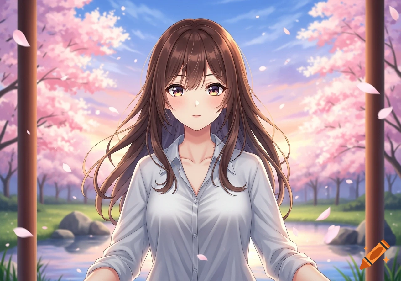 An anime girl with brown hair in a white shirt, standing among pink cherry blossoms and a pond under a blue sky.