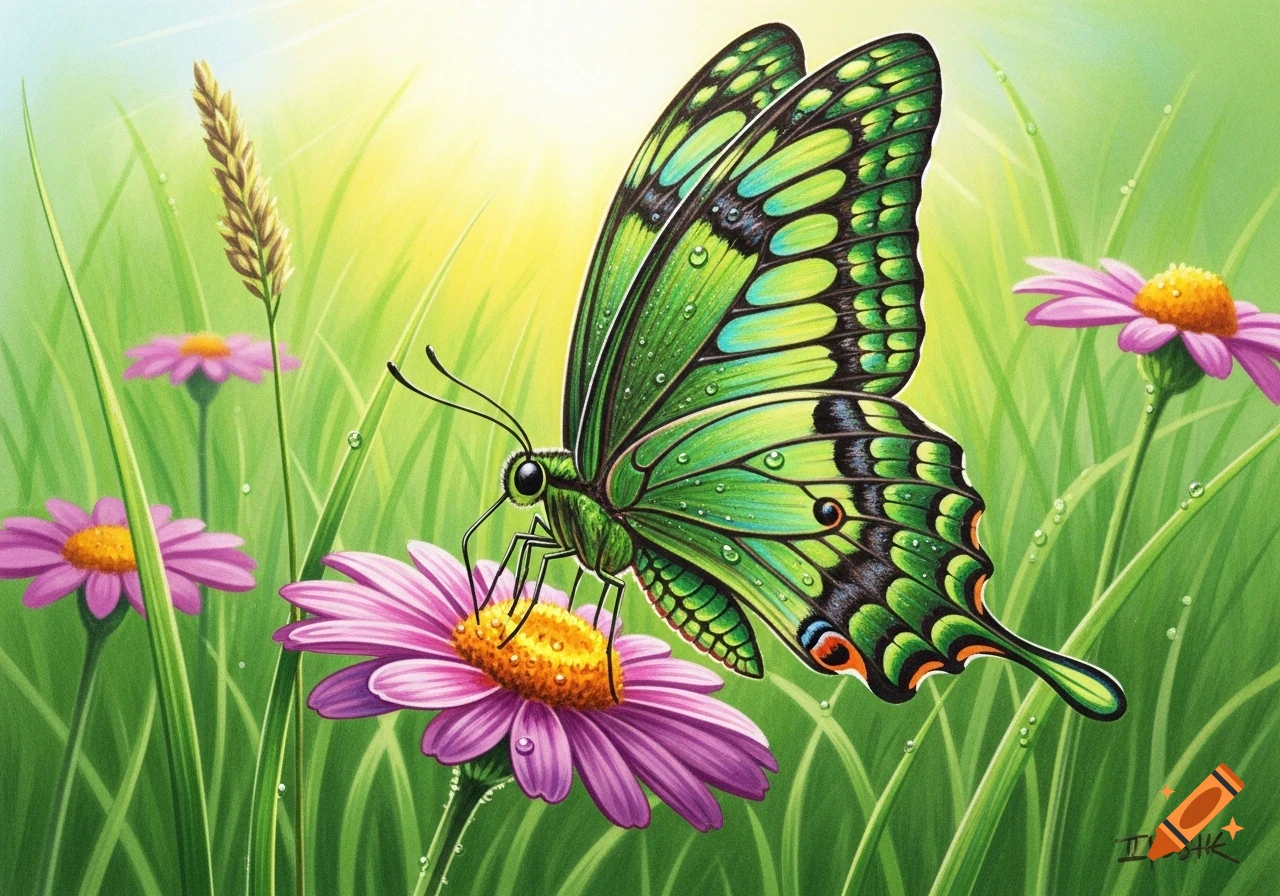A vibrant green butterfly with black and light green patterns, covered in dewdrops, perches on a pink daisy-like flower in a sunny, dewy grassy field, in an illustrative style.