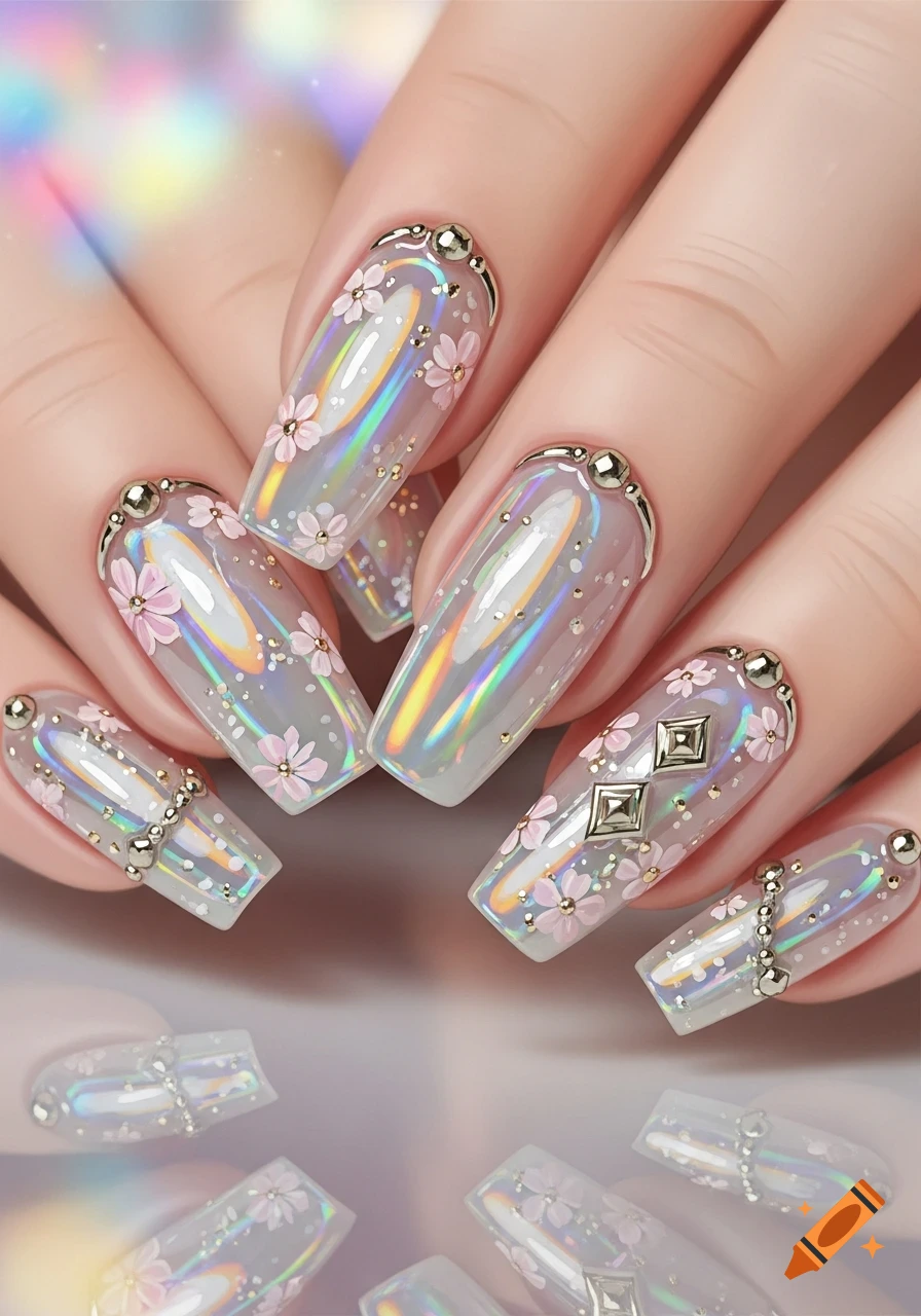 Close-up of hands with long, iridescent coffin nails adorned with small pink flowers, silver studs, and square rhinestones.