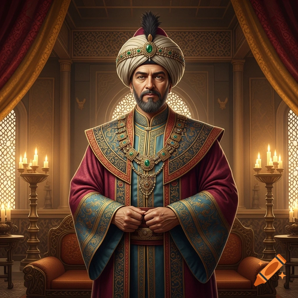 A regal man in rich, ornate Ottoman-style robes and a turban stands in a dimly lit, opulent palace interior with lit candles.