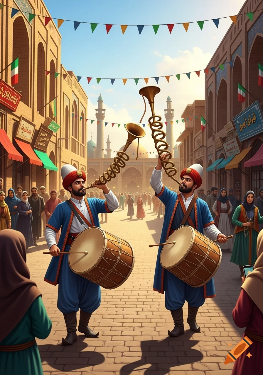 Two men in traditional attire play drums and long, coiled trumpets on a brick street lined with buildings and people, under colorful festive banners.