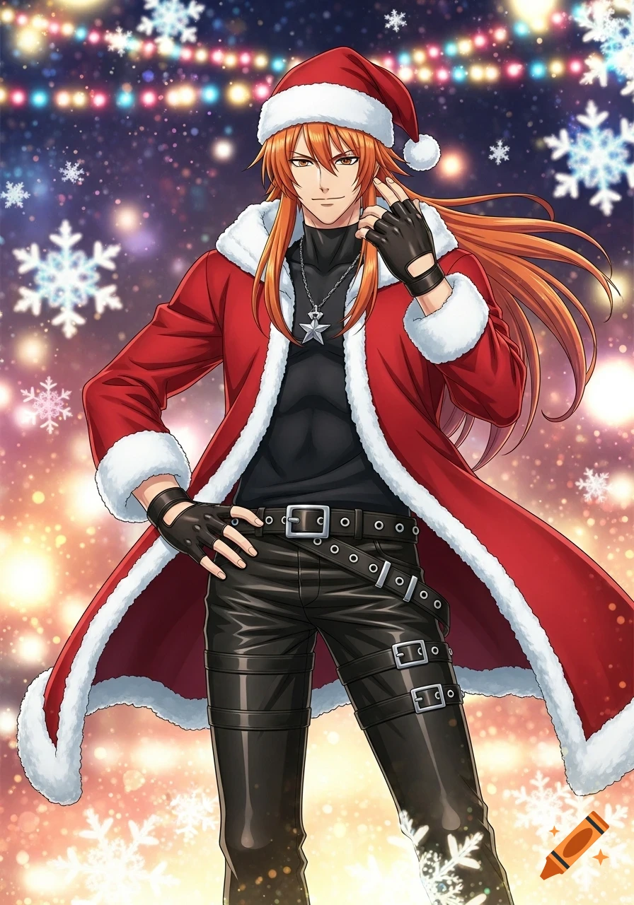 Anime male with long orange hair wearing a Santa hat, red jacket, black leather pants, and fingerless gloves, on a snowy Christmas background.