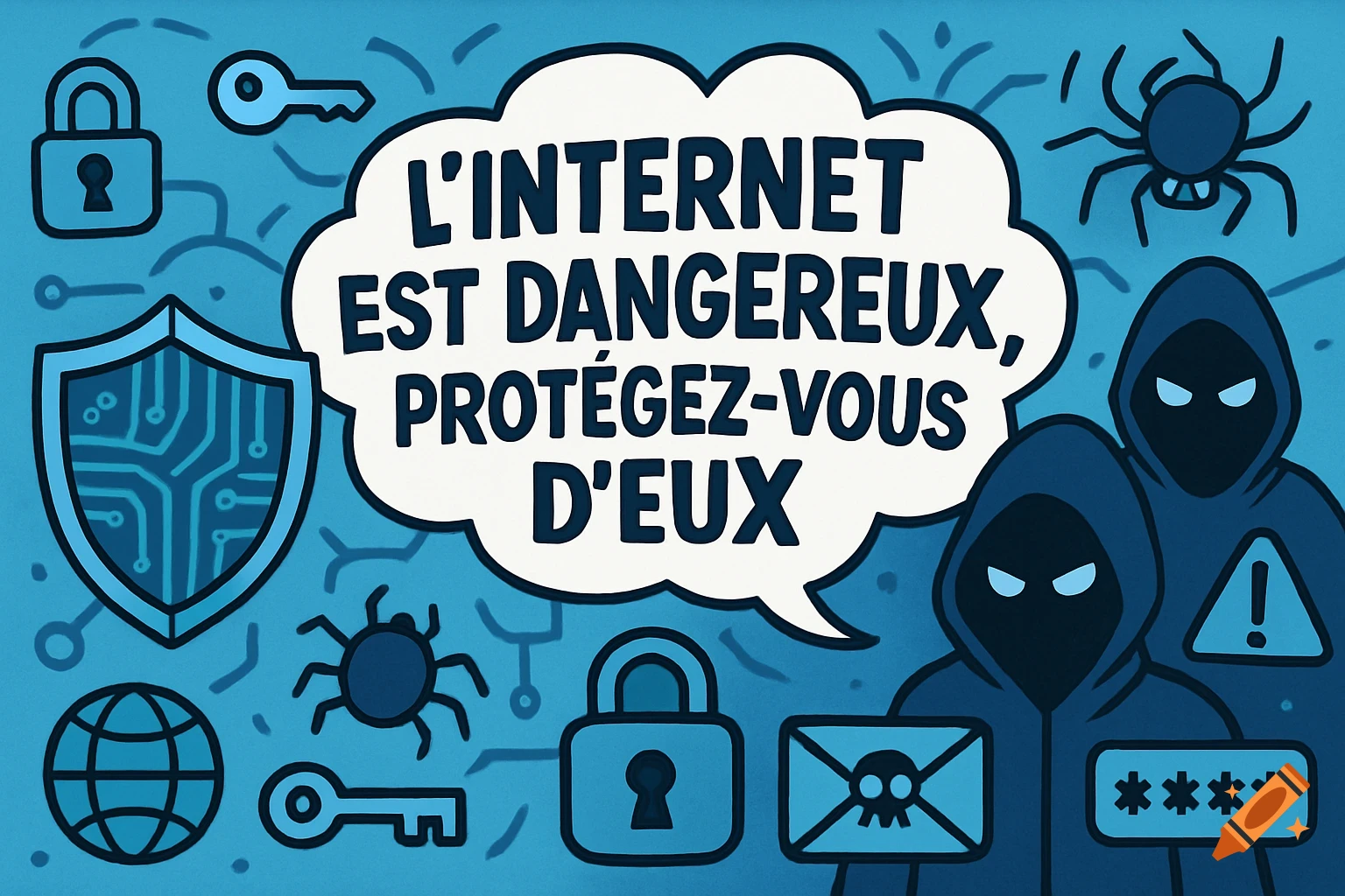 A blue cartoon illustration depicting cybersecurity threats with hooded figures, spiders, and locks. A speech bubble warns, "The internet is dangerous, protect yourselves from them" in French.