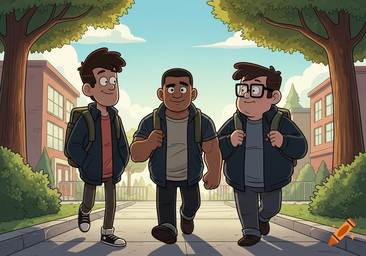 Three cartoon boys with backpacks walk along a sidewalk past a school building and trees.