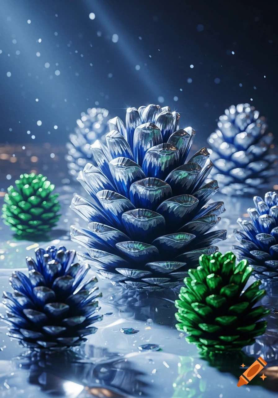 Close-up of metallic blue, green, and silver pine cones on a reflective surface with sparkling lights and blue rays.