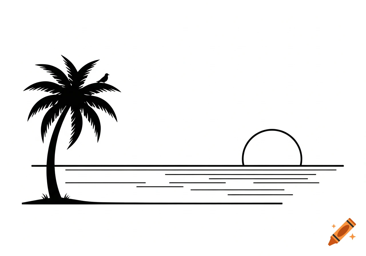 Minimalist black and white vector art of a palm tree with a bird, ocean, and setting sun on a white background.