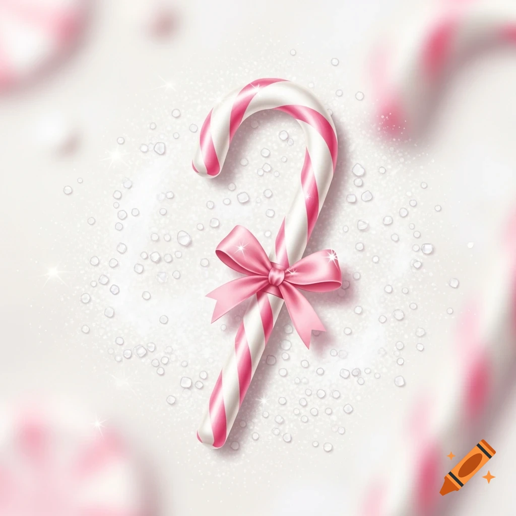 A pink and white striped candy cane with a pink bow on a sparkly white background.