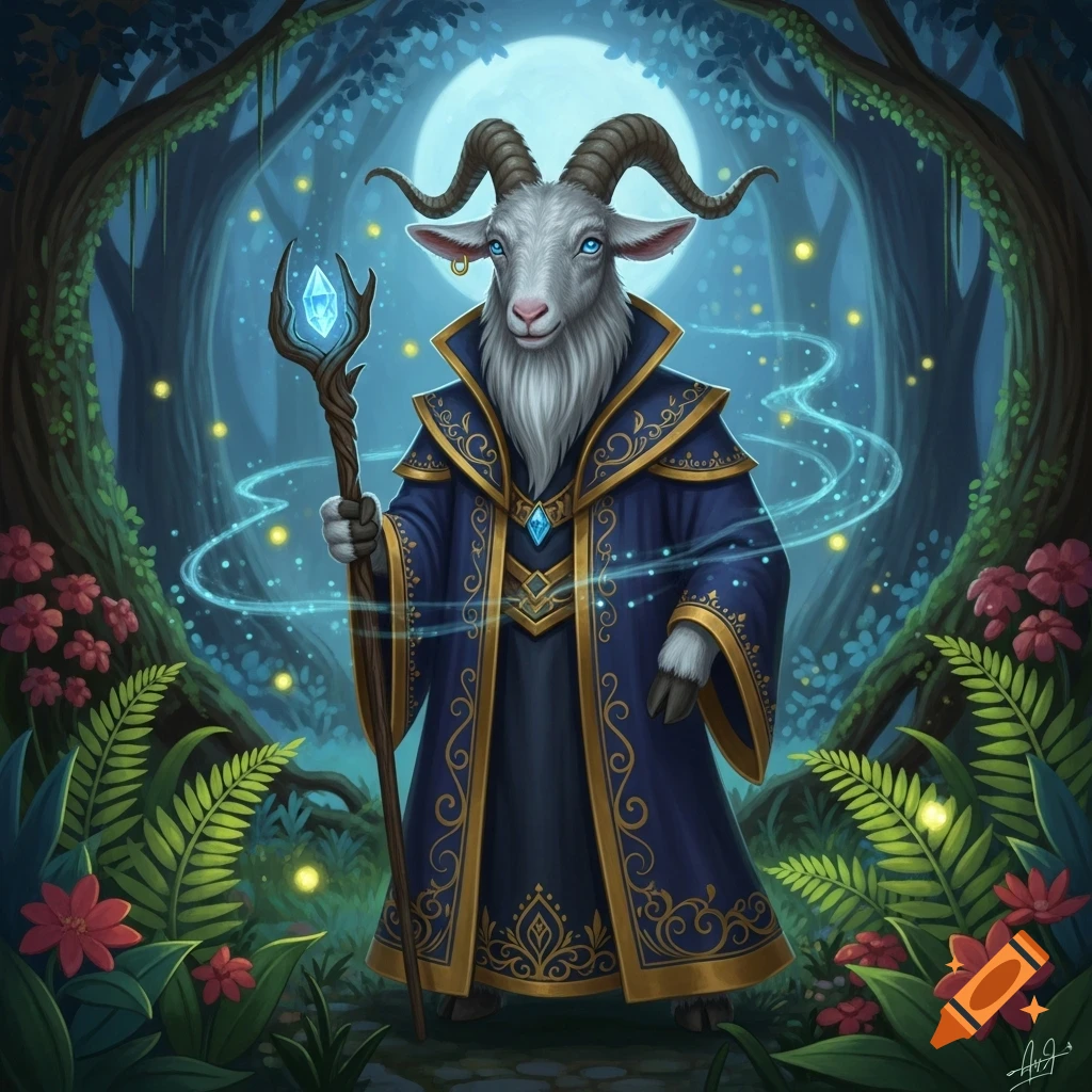 An anthropomorphic goat wizard with blue eyes and horns, wearing ornate blue and gold robes, stands in a magical forest with a glowing crystal staff.