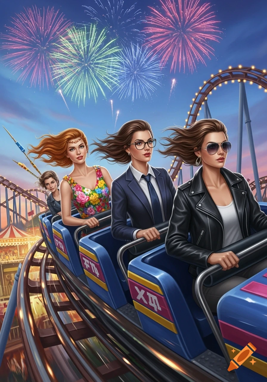 Four contemporary women riding a rollercoaster with fireworks exploding in the night sky above an amusement park.