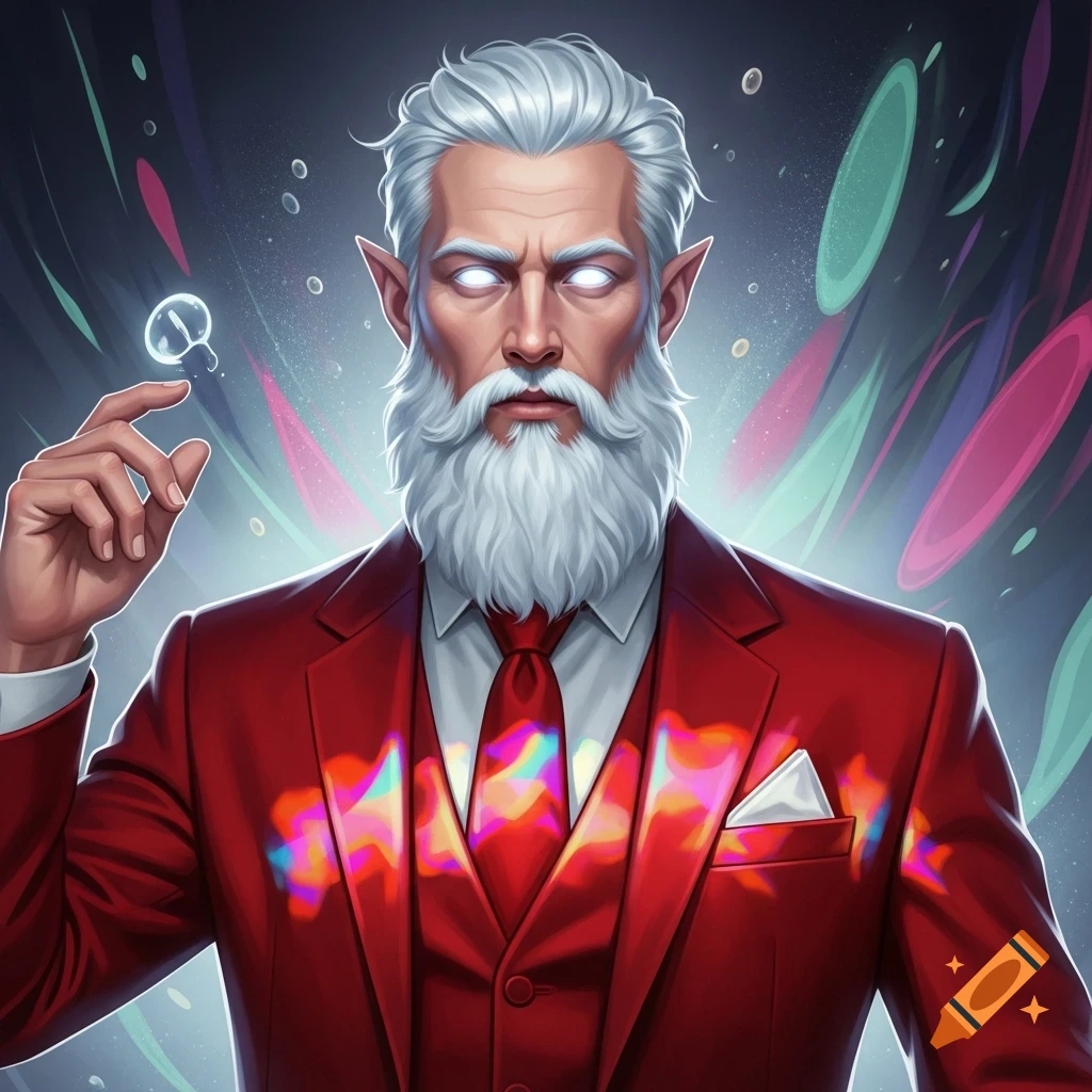 A dignified man with white hair, a white beard, glowing white eyes, and pointed elf-like ears, wearing a sharp red suit with a red tie, holding a small glowing orb with his right hand. Colorful abstract light streaks and shapes illuminate the dark background.