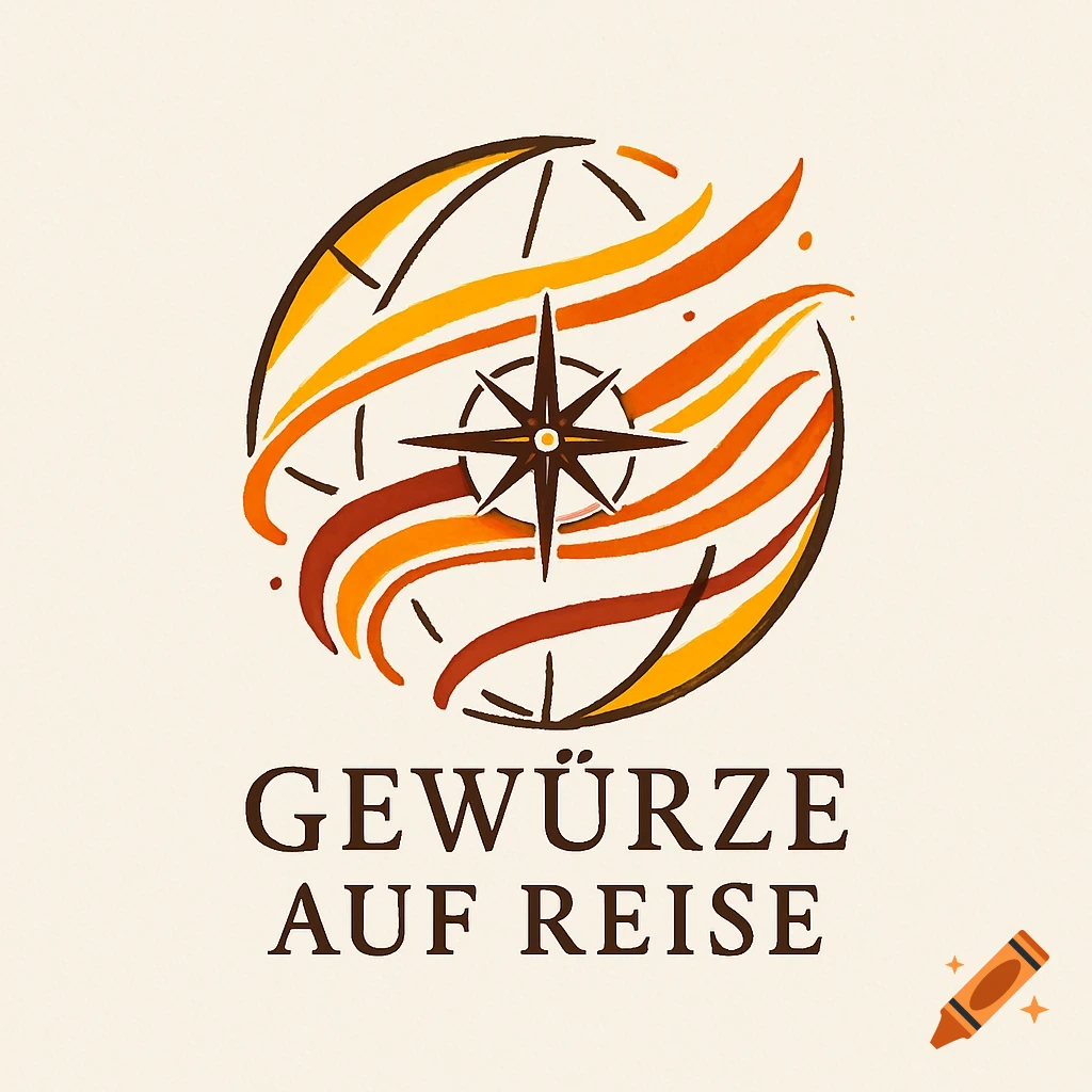 A logo with a stylized globe, a compass rose, and wavy orange and brown lines, with the text 'GEWÜRZE AUF REISE'.