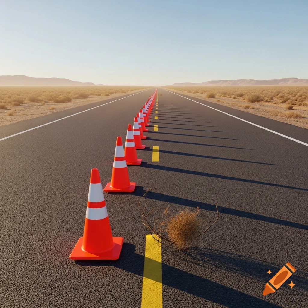 Photorealistic image of orange traffic cones lining a desert road with a tumbleweed, extending to the horizon under a clear sky.
