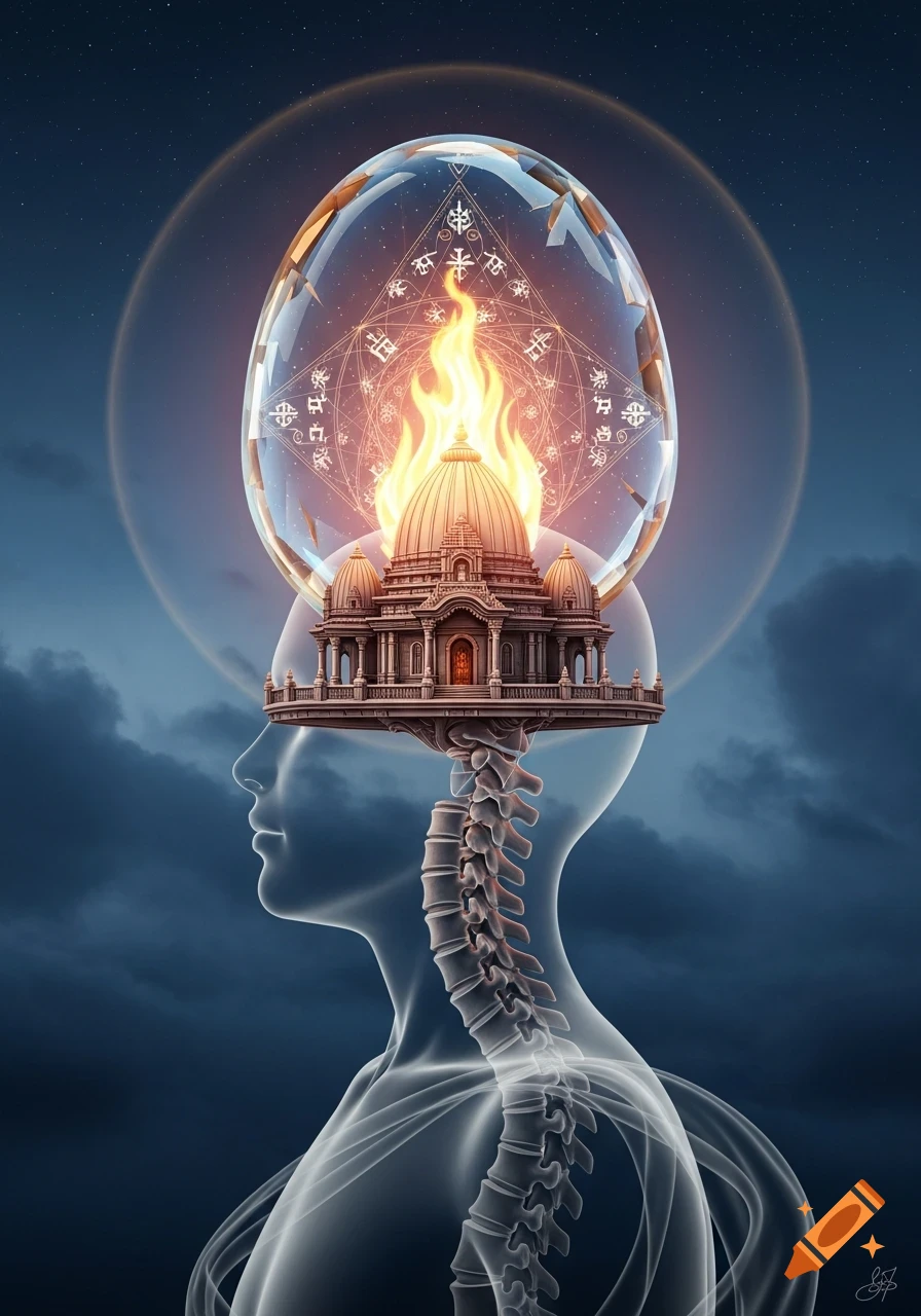 A translucent human silhouette with a visible spine, a detailed temple on the neck, and a fiery flame within a glass orb surrounded by glowing symbols above the head, set against a dark, starry sky.