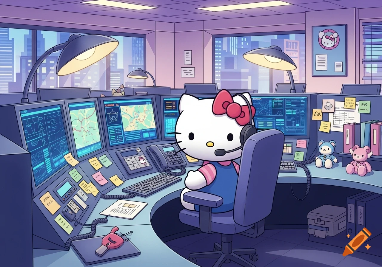 Hello Kitty with a headset sitting at a desk in a dispatch center with multiple monitors and city views, in a cartoon style.