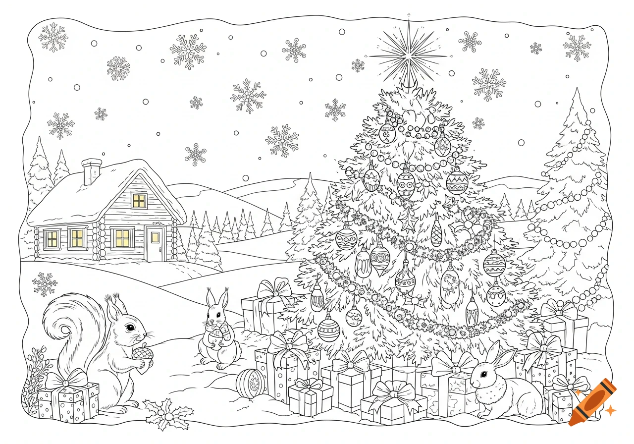 A Christmas coloring page featuring a cabin, decorated tree, gifts, snowflakes, a squirrel, and rabbits in a snowy landscape.