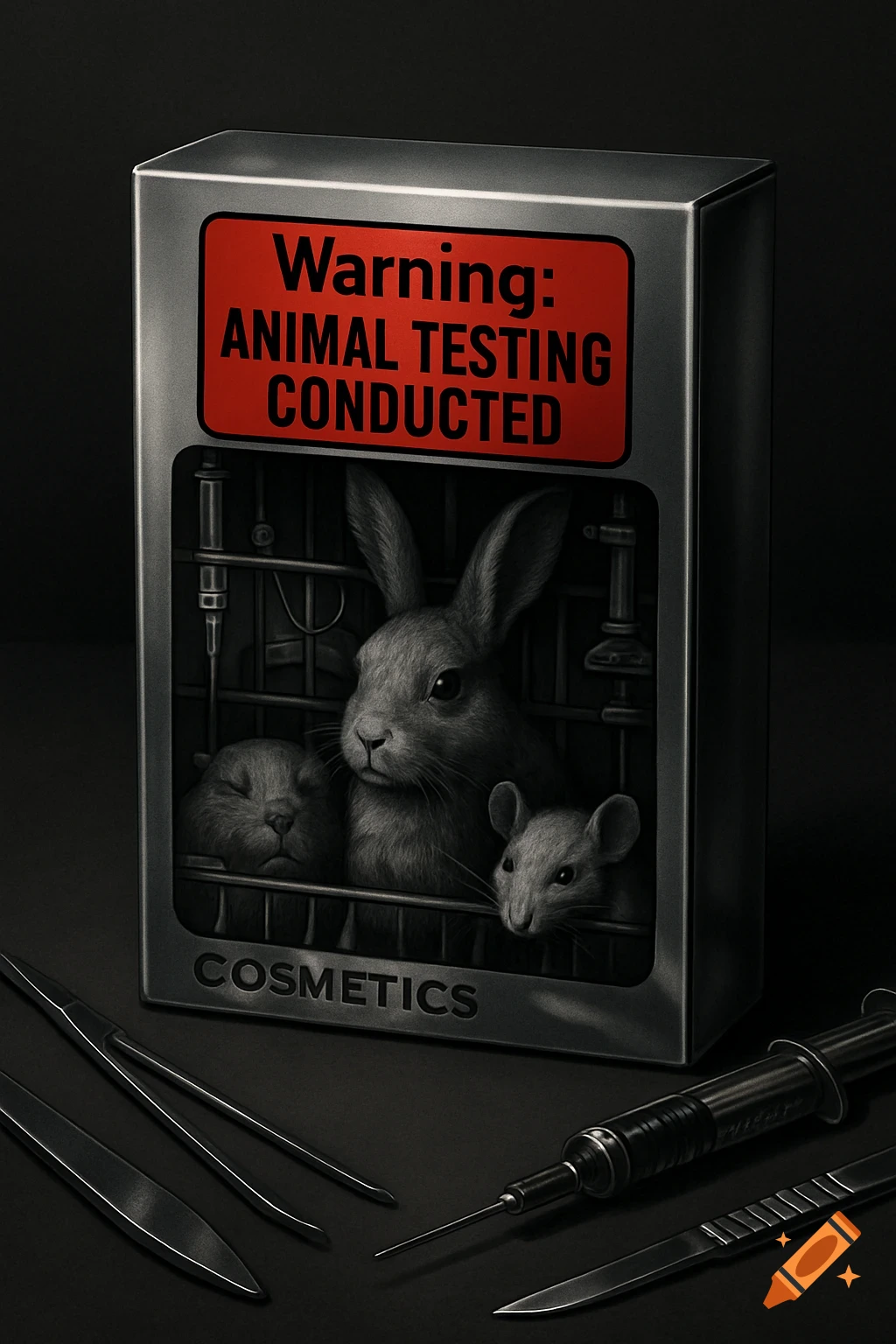 A dark illustration of a metal box labeled "Warning: ANIMAL TESTING CONDUCTED" and "COSMETICS." Inside, a rabbit, guinea pig, and mouse are caged. Surgical instruments are scattered around.