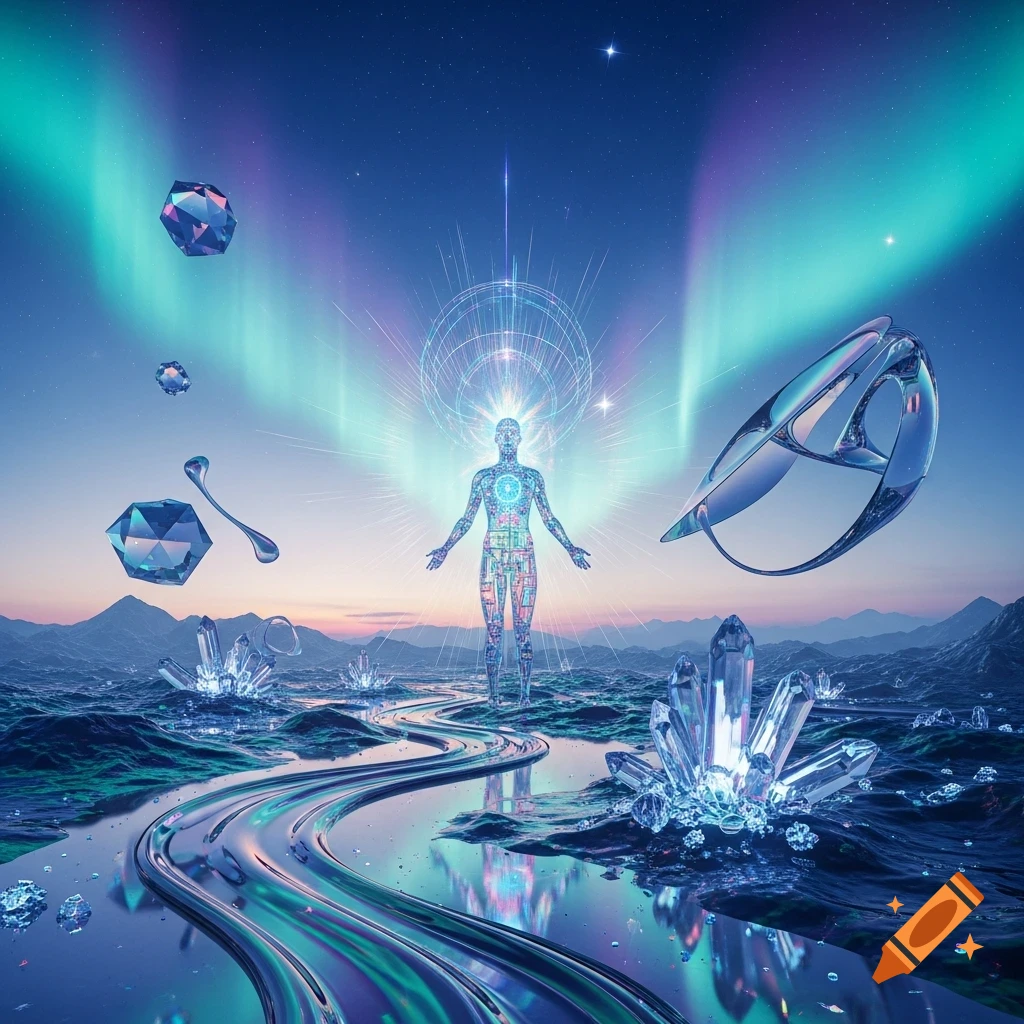 A glowing, futuristic human figure stands amidst a landscape of reflective water, crystals, and floating geometric shapes under an aurora-lit sky.