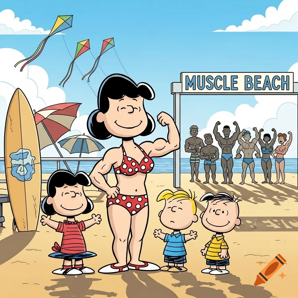 An adult female Peanuts character in a red polka-dot bikini flexes at Muscle Beach, with young Peanuts characters and other bodybuilders nearby in a cartoon style.
