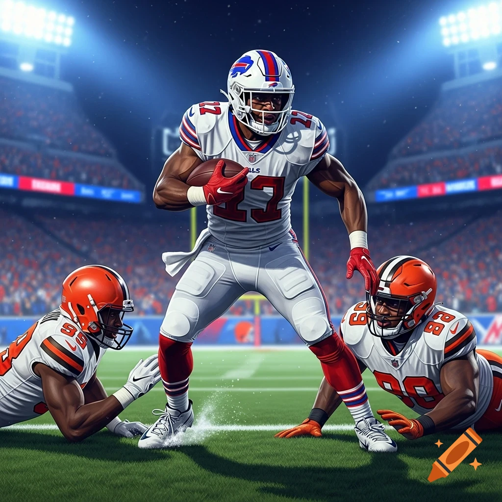 A football player in a white Buffalo Bills uniform with number 27 runs past two Cleveland Browns defenders on a floodlit stadium field.