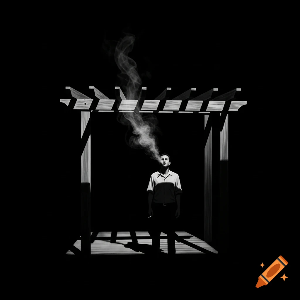Minimalist black and white illustration of a man smoking under a pergola, with smoke rising and strong shadows.