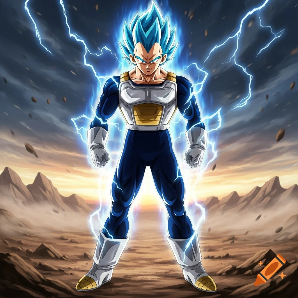 Vegeta from Dragon Ball in his Super Saiyan Blue form, surrounded by blue lightning, stands in a desolate landscape.