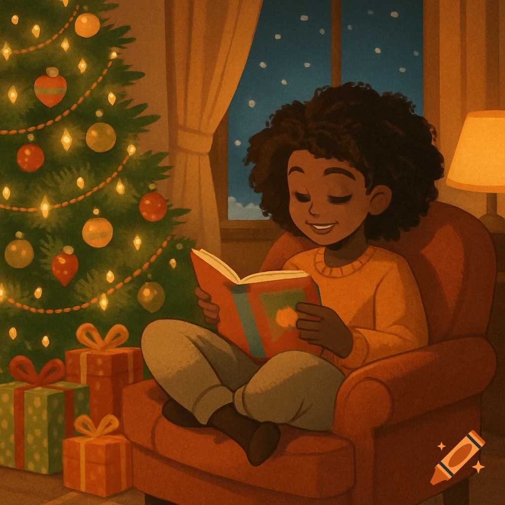 A cartoon black woman with curly hair sits in an armchair, reading a book. A brightly lit Christmas tree and wrapped presents are beside her, and snow falls outside a window.