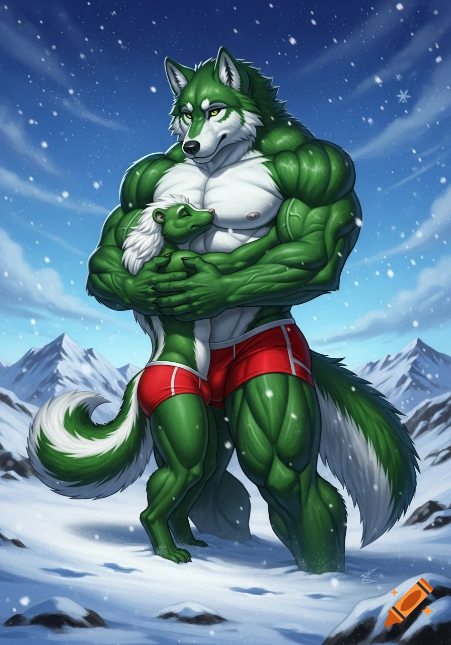 A gigantic, muscular anthropomorphic green wolf and green skunk in red speedos hug in snowy mountains with falling snow, in a detailed illustration.