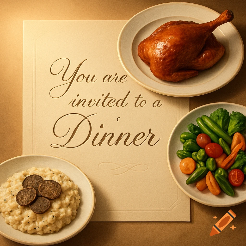 Photorealistic image of a dinner invitation card with plates of roasted chicken, vegetables, and risotto.