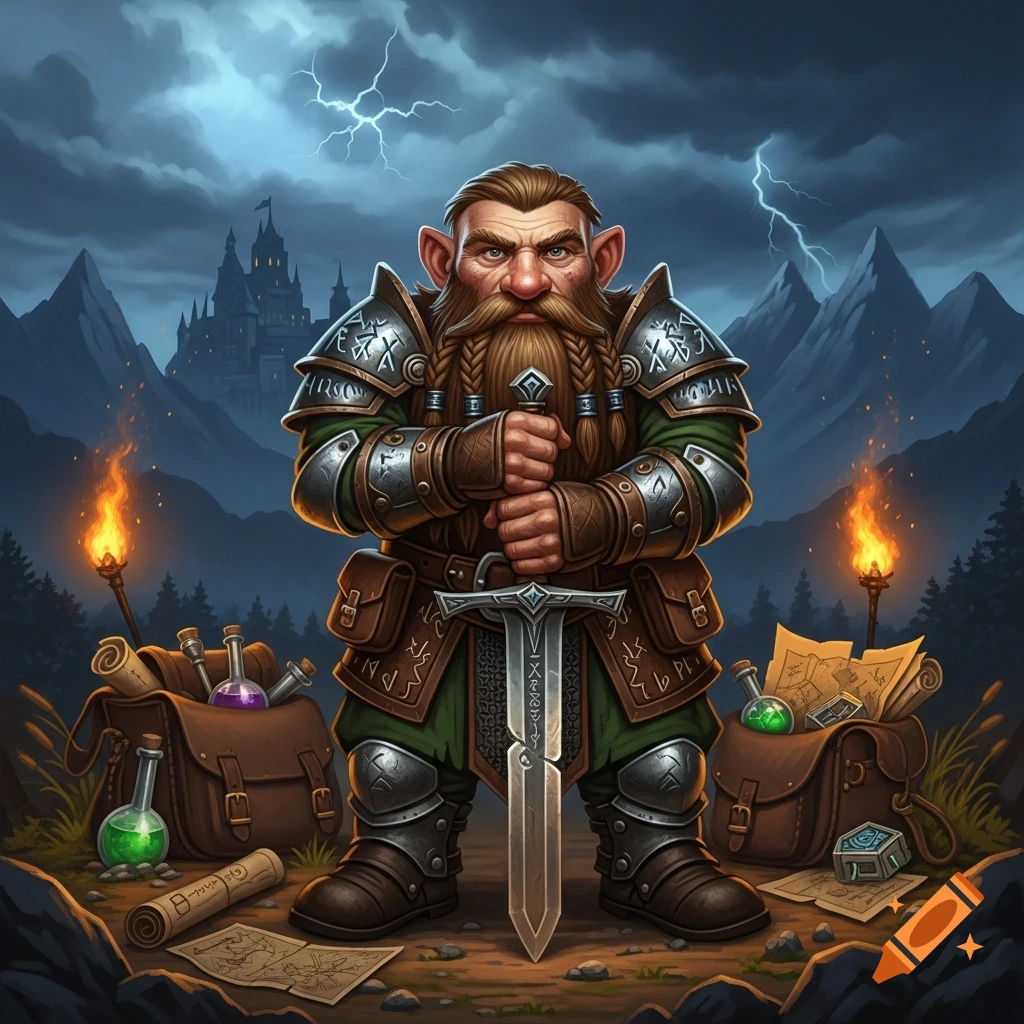 Detailed fantasy dwarf warrior with braided beard, holding a greatsword in a stormy mountain landscape with a castle.