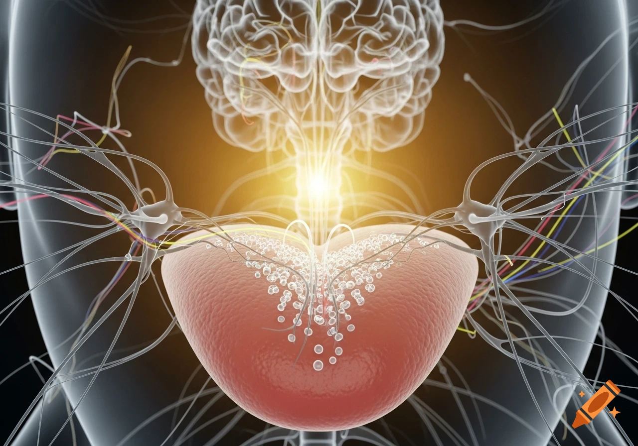 3D medical illustration showing the brain, central nervous system, and a glowing nerve connection to a stylized taste organ.