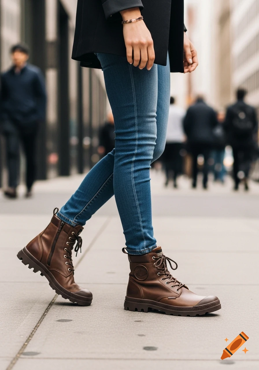 A person walking on a city sidewalk, wearing brown leather Palladium boots and blue jeans.