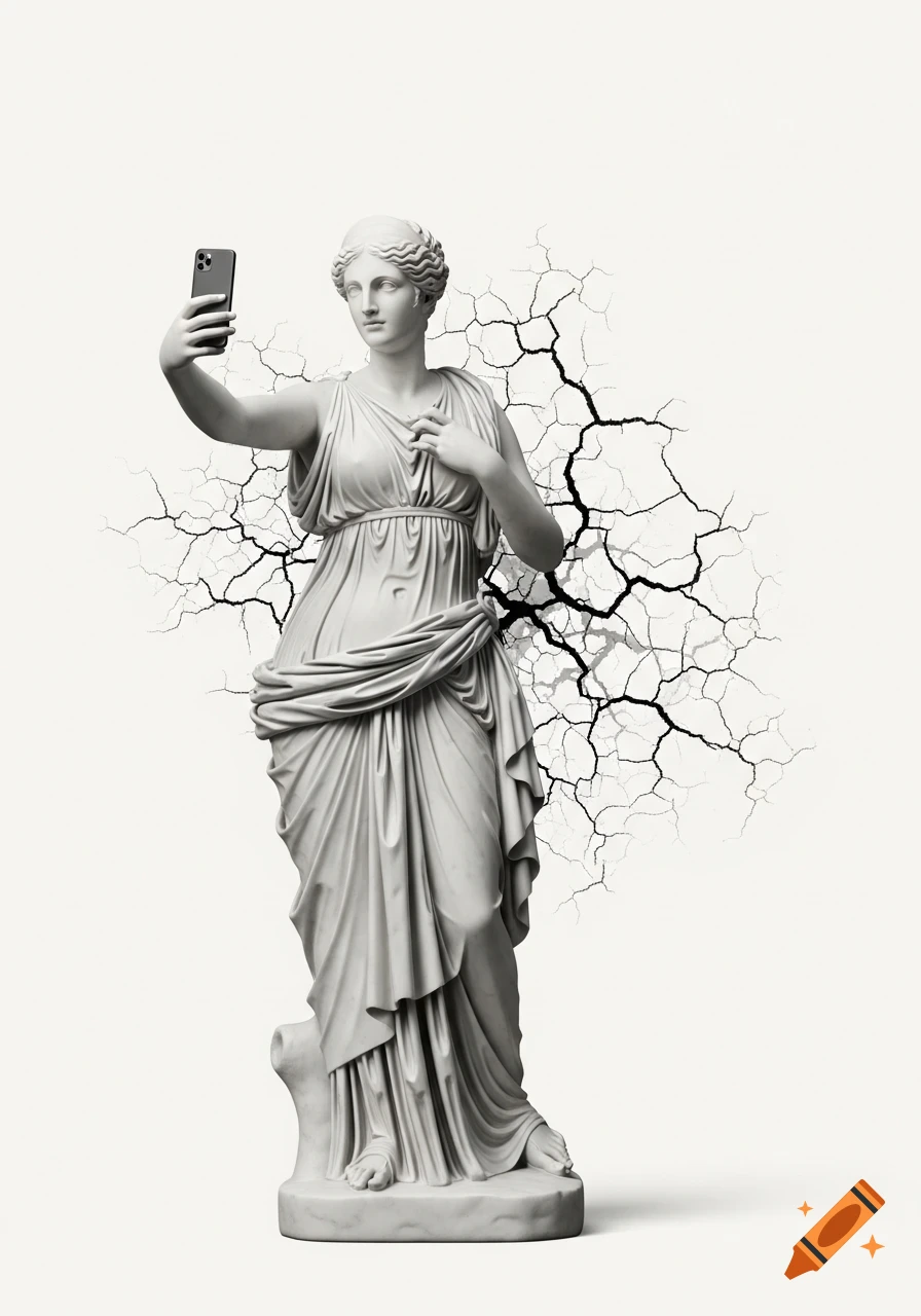 Photorealistic image of a classical female statue, resembling Aphrodite, taking a selfie with a smartphone against a minimal white background with black cracks.