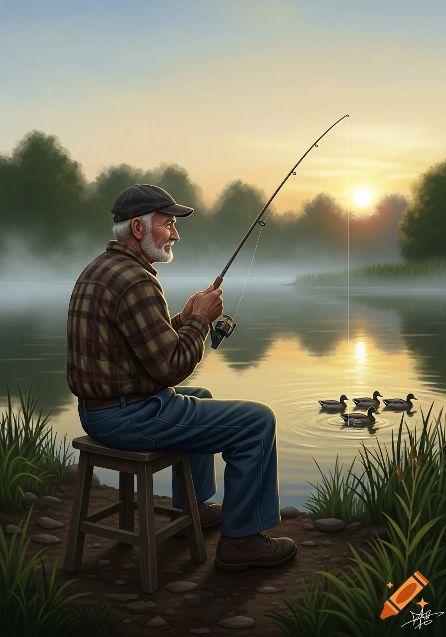 An old man with a beard and cap fishes on a stool by a misty lake at sunrise, with ducks swimming nearby, in an illustrative style.