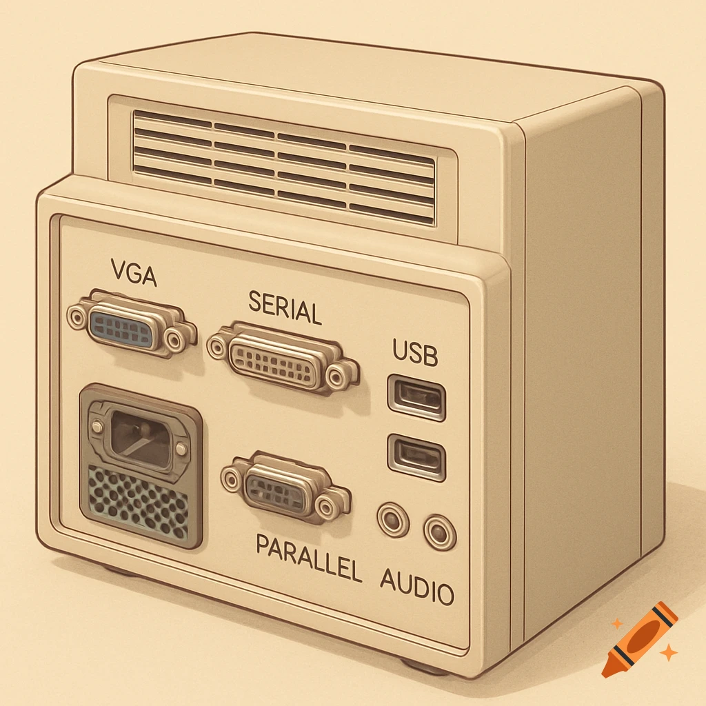 Isometric illustration of a classic PC's back panel with VGA, Serial, Parallel, USB, and Audio ports labeled.