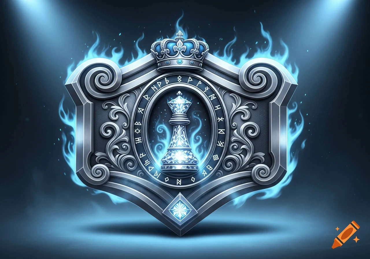 An ornate silver badge featuring a diamond chess queen and crown, surrounded by glowing blue runes and flames.