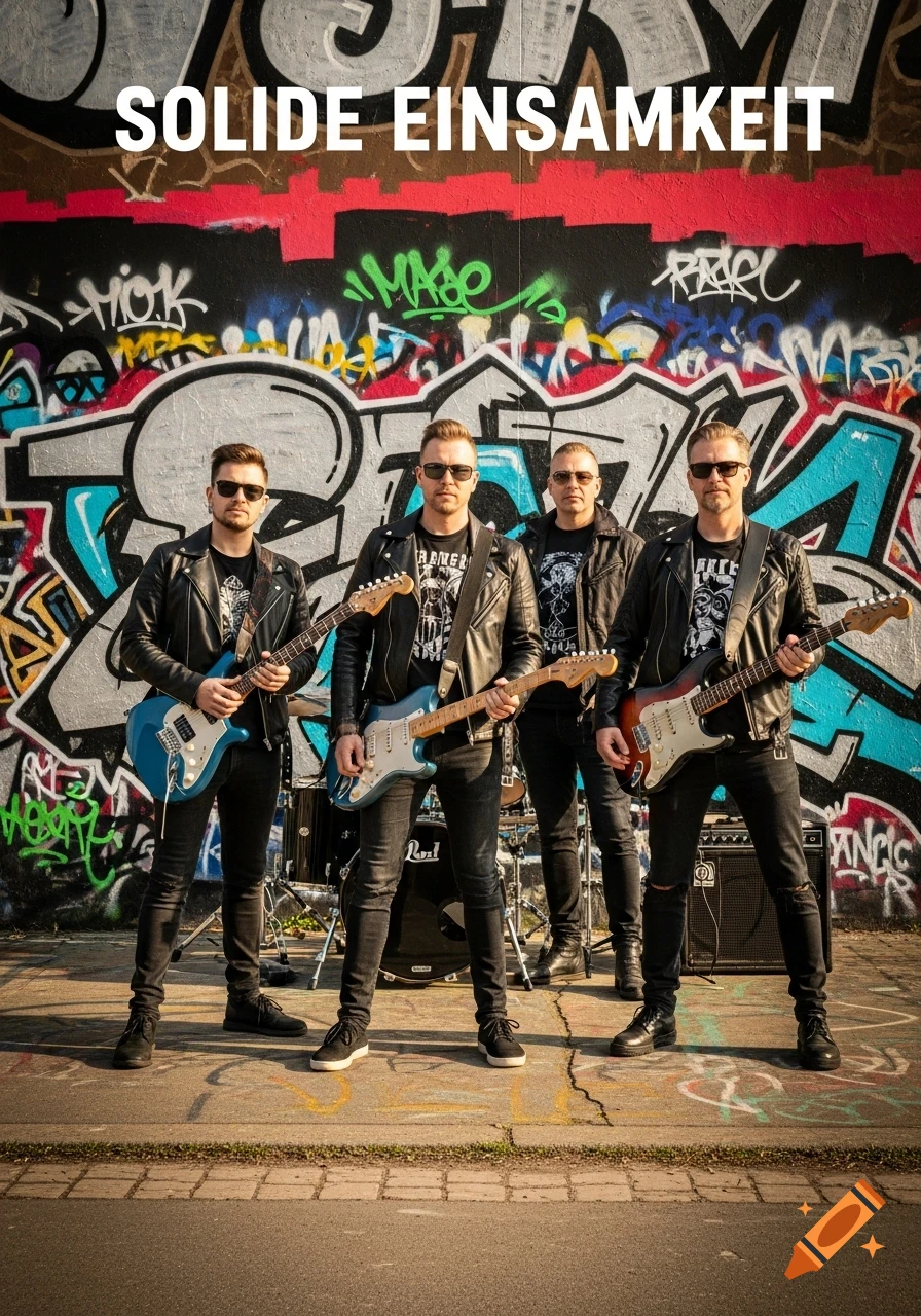 Four band members in leather jackets with guitars and drums stand before a graffiti wall, displaying 'SOLIDE EINSAMKEIT'.