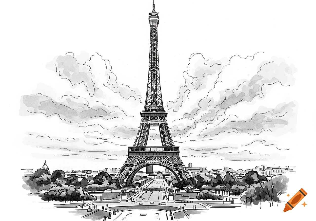 Black and white watercolor drawing of the Eiffel Tower from below, with clouds and a city scene.