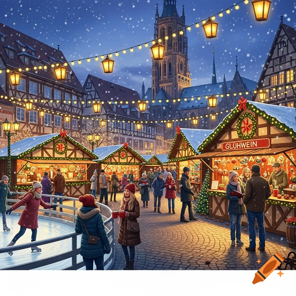 A festive, snowy Christmas market in a European town at night, with ...