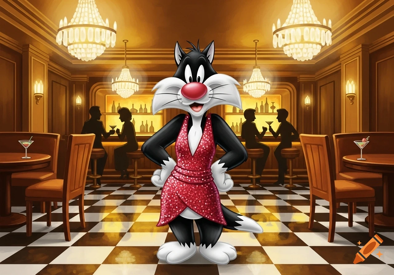 Sylvester the Cat in a sparkly red cocktail dress stands in a fancy animated bar with chandeliers and silhouetted patrons.