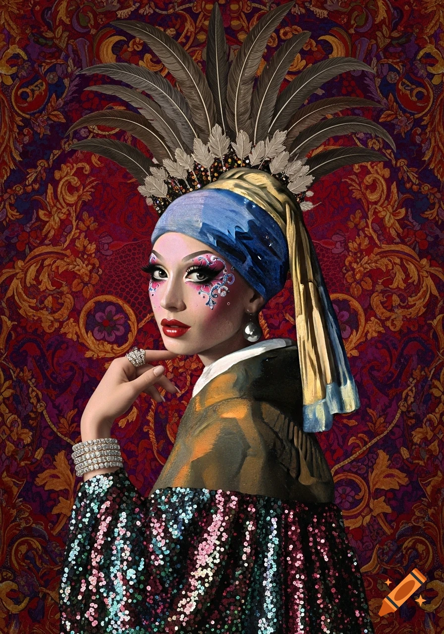A drag queen in dramatic makeup and a sequined top, wearing a turban and feather headdress, with a pearl earring, against a red baroque background.