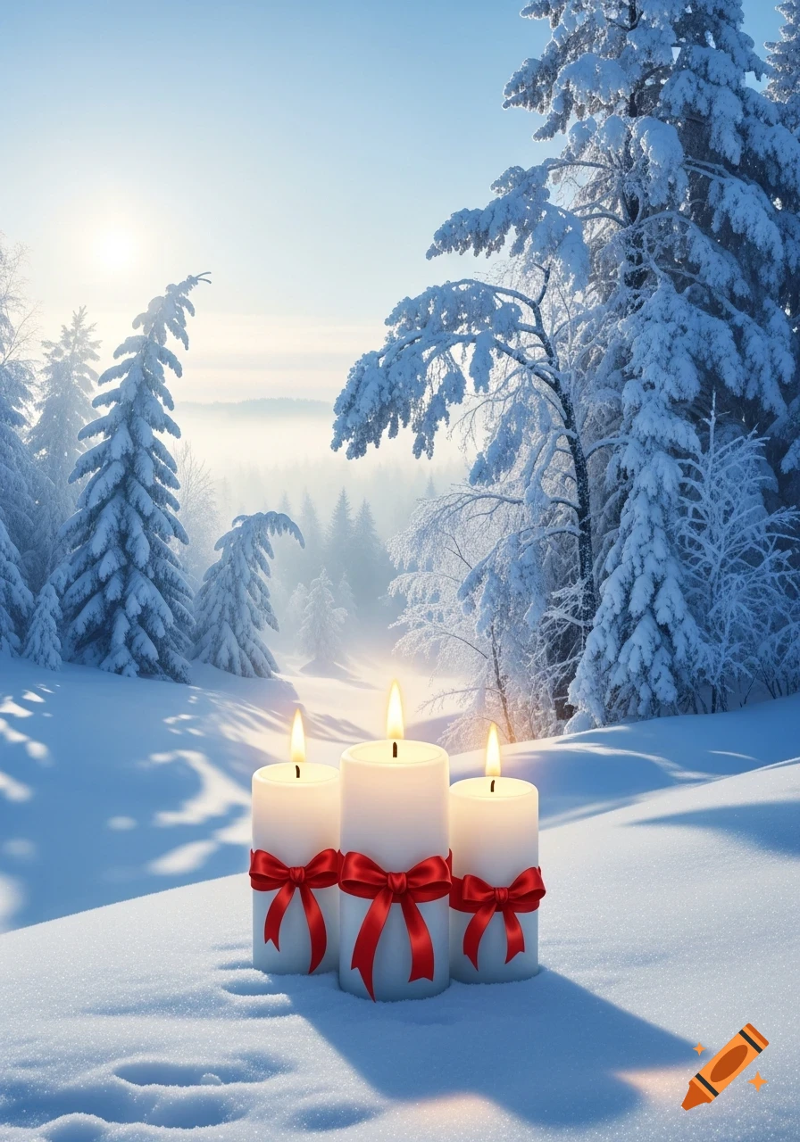 Three white candles with red bows sit in deep snow, casting light in a serene, sunlit snowy forest.