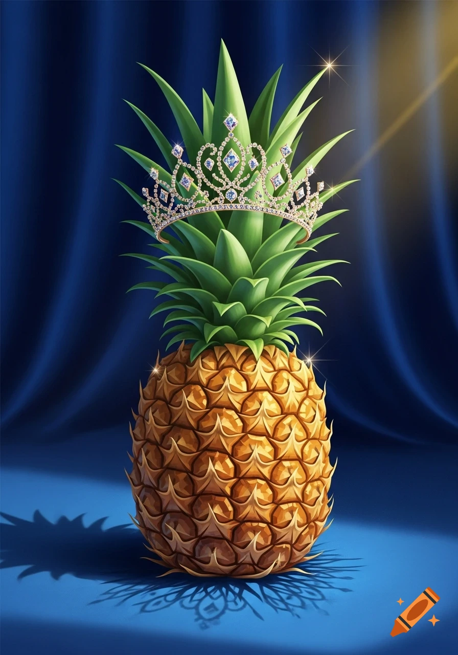 A regal pineapple wearing a diamond and sapphire crown stands on a blue background, lit by a golden spotlight.
