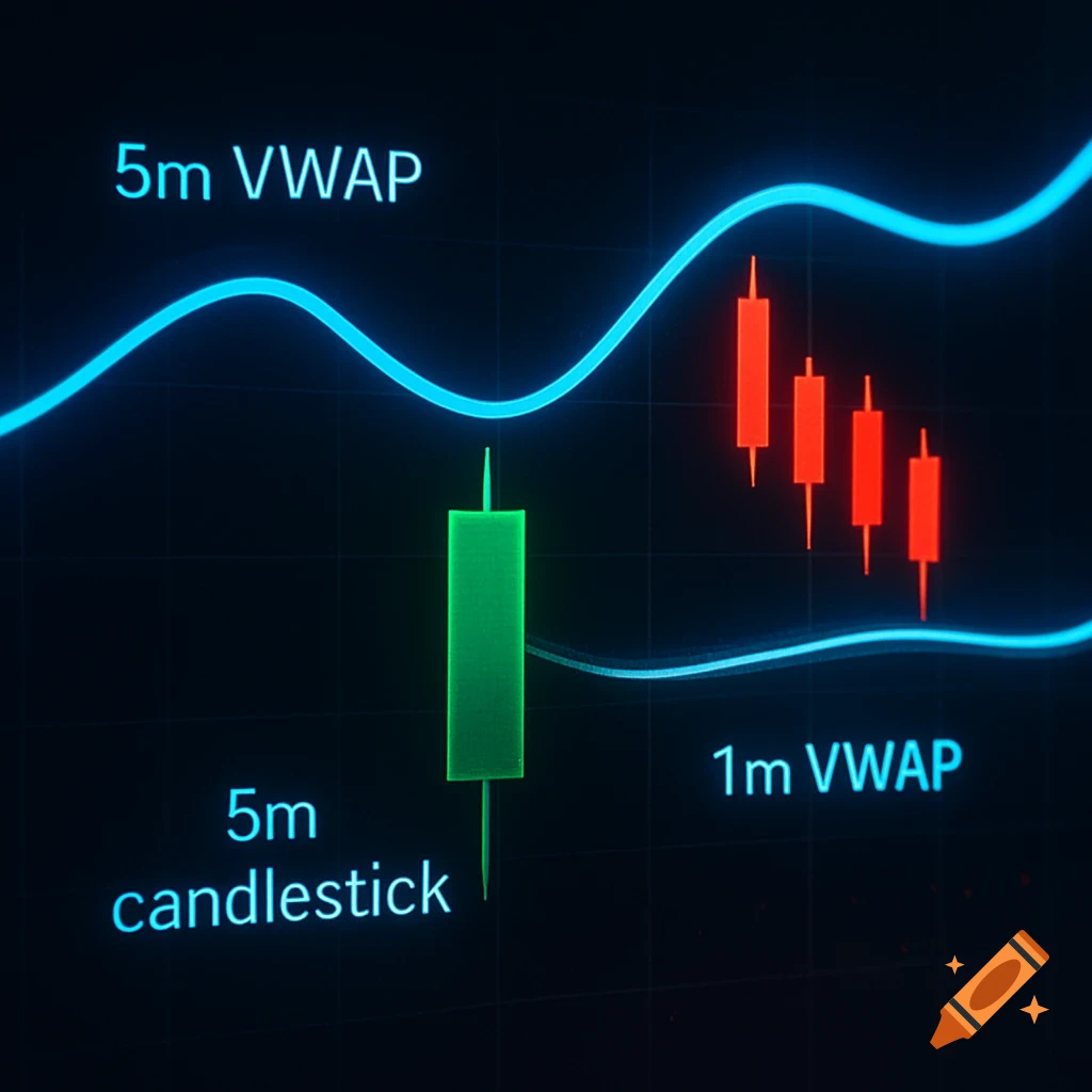 A digital financial chart displaying green and red candlesticks with blue 5m and 1m VWAP lines on a dark background.