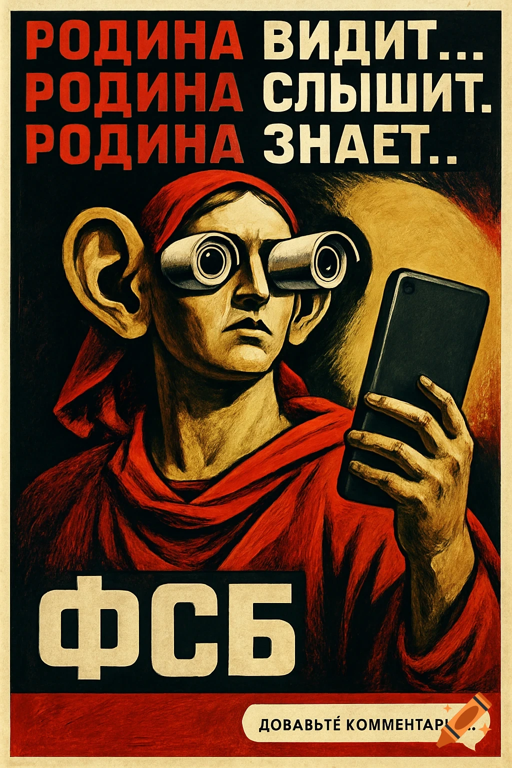 A stylized Soviet-era propaganda poster showing a figure with large ears and camera-lens eyes, holding a smartphone. Russian text reads "Motherland sees... Motherland hears... Motherland knows..." and "FSB".