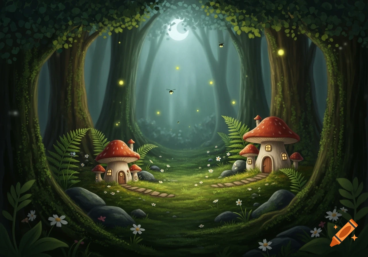 A whimsical fantasy forest scene with mushroom houses, glowing fireflies, and a crescent moon in a clearing surrounded by tall trees.