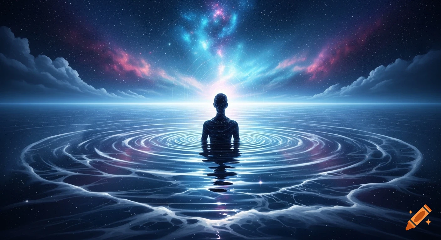 A silhouetted figure stands chest-deep in water, creating ripples, under a vibrant cosmic sky with nebulae and stars.