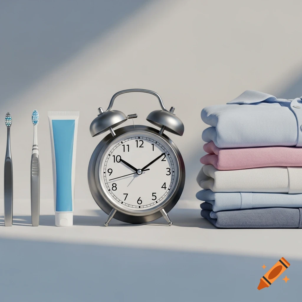 Two toothbrushes, a toothpaste tube, an alarm clock, and a stack of folded shirts on a white surface.