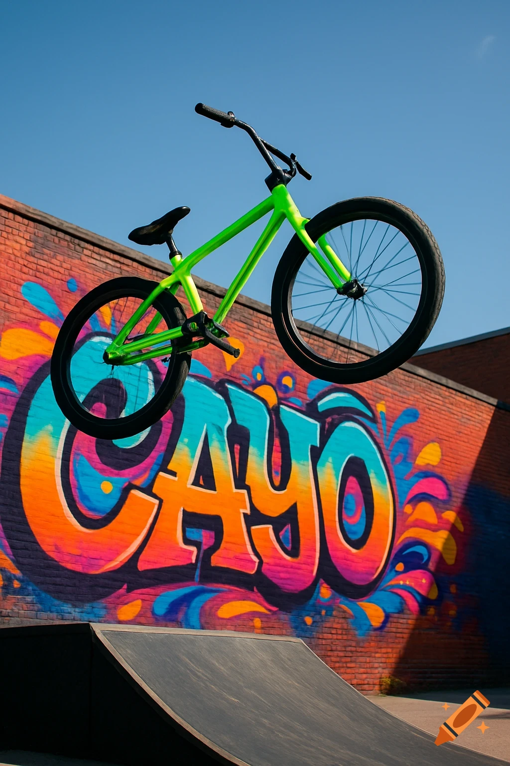 Neon green BMX bike mid-air over a skate ramp, with colorful 'CAYO' graffiti on a brick wall behind it.